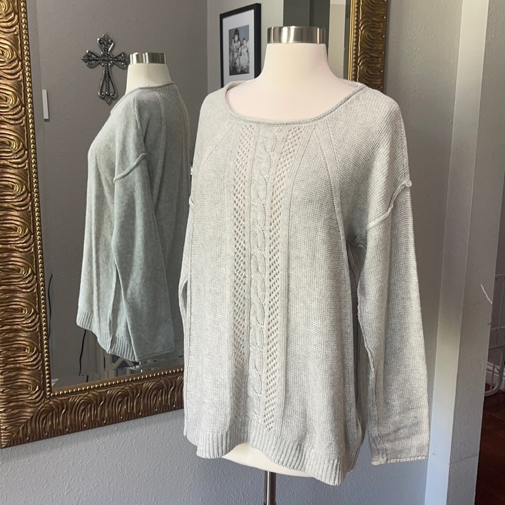 Mystree Light Gray Cable Knit Scoop Neck Sweater